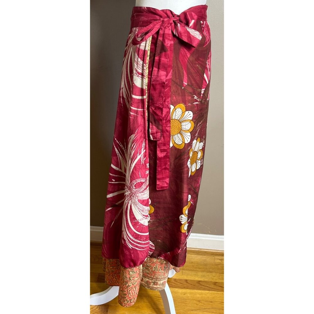 Wrap Sari Skirt Maxi Reversible Layers Red Chiffon Satin Boho Gypsy Womens 1 Sz - Picture 6 of 14